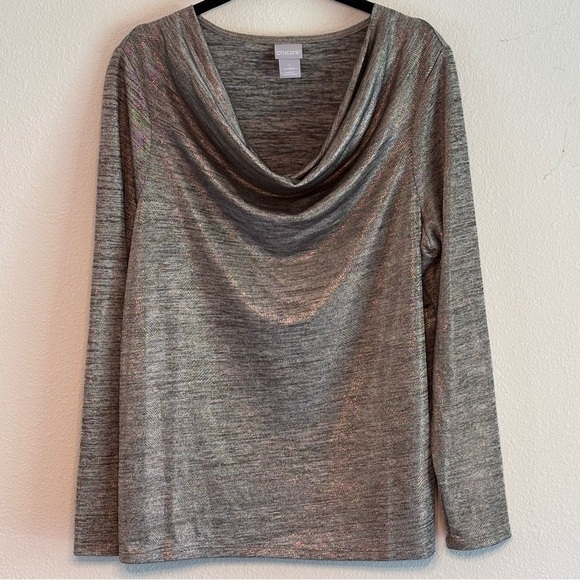 Chico's Tops - EUC Chico's Women's Metallic Gold Cowl Neck Long Sleeve Shirt SZ Medium